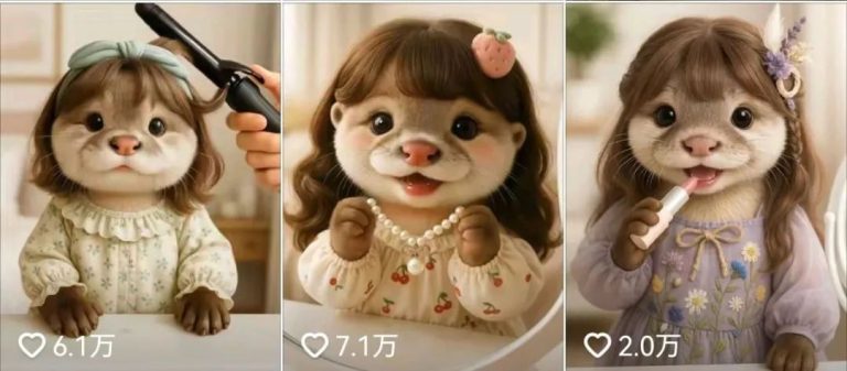 20万颜粉在线观看！AI水獭宝宝化妆师萌翻众人，流量飞涨，10万+点赞刹不住车